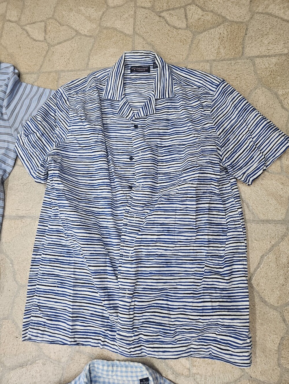 Roundtree & Yorke Navy and White Striped Short-Sleeve Button-Down Shirt